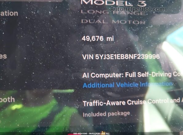 5YJ3E1EB8NF239996 2022 TESLA MODEL 3 Gray სალონის 360-გრადუსიანი ხედი