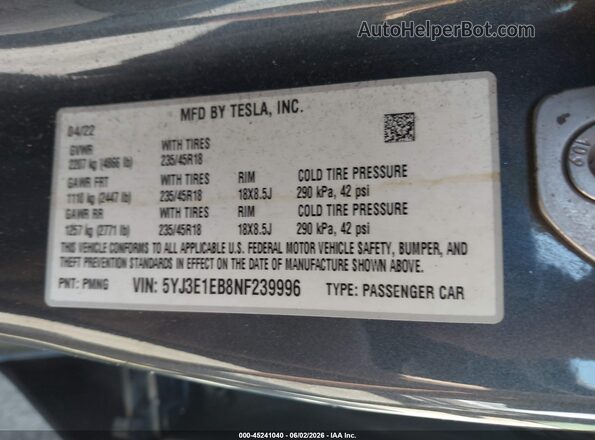 5YJ3E1EB8NF239996 2022 TESLA MODEL 3 Gray ძრავის განყოფილების ხედი