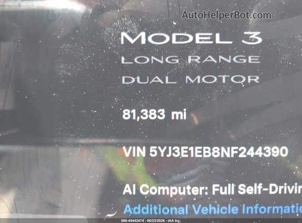 5YJ3E1EB8NF244390 2022 TESLA MODEL 3 White სალონის 360-გრადუსიანი ხედი