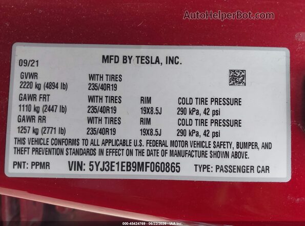 5YJ3E1EB9MF060865 2021 TESLA MODEL 3 Красный Вид подкапотного пространства