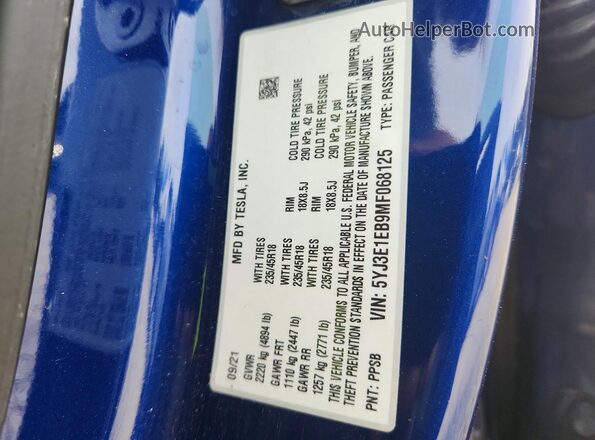 5YJ3E1EB9MF068125 2021 TESLA MODEL Blue 