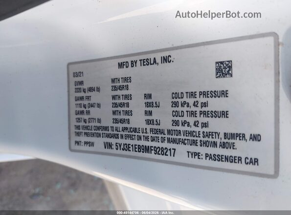 5YJ3E1EB9MF928217 2021 TESLA MODEL 3 White Engine compartment view