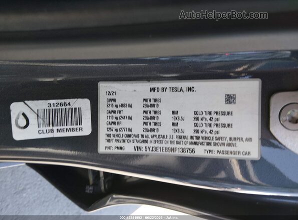 5YJ3E1EB9NF138756 2022 TESLA MODEL 3 Black Vista del compartimento del motor