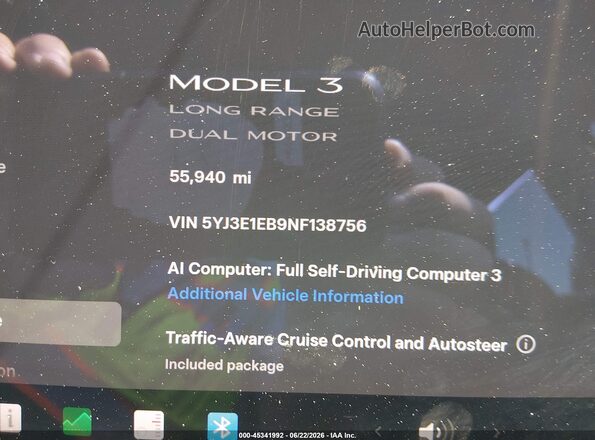 5YJ3E1EB9NF138756 2022 TESLA MODEL 3 Black Vista interior de 360 grados
