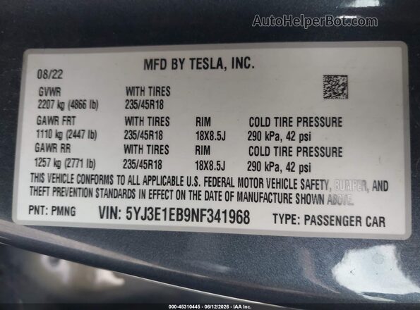5YJ3E1EB9NF341968 2022 TESLA MODEL 3 Серый Вид подкапотного пространства