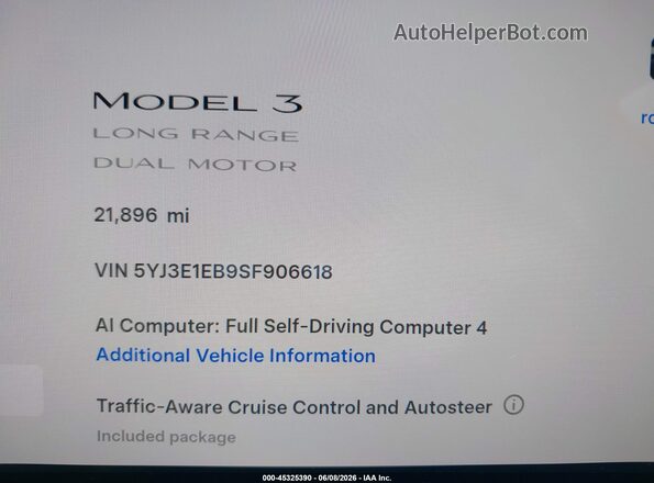 5YJ3E1EB9SF906618 2025 TESLA MODEL 3 Black 