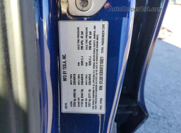 5YJ3E1EBXKF210821 2019 TESLA MODEL Blue Engine compartment view