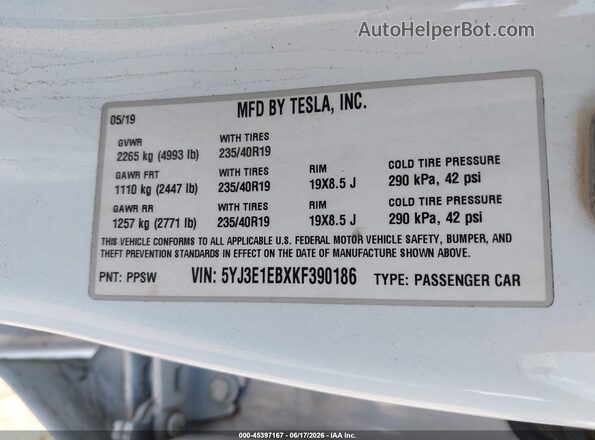 5YJ3E1EBXKF390186 2019 TESLA MODEL 3 White Vista del compartimento del motor