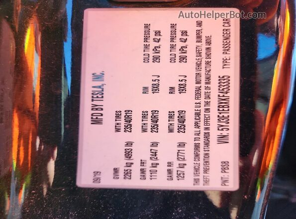 5YJ3E1EBXKF453335 2019 TESLA MODEL Black VIN კოდის სტიკერის ხედი