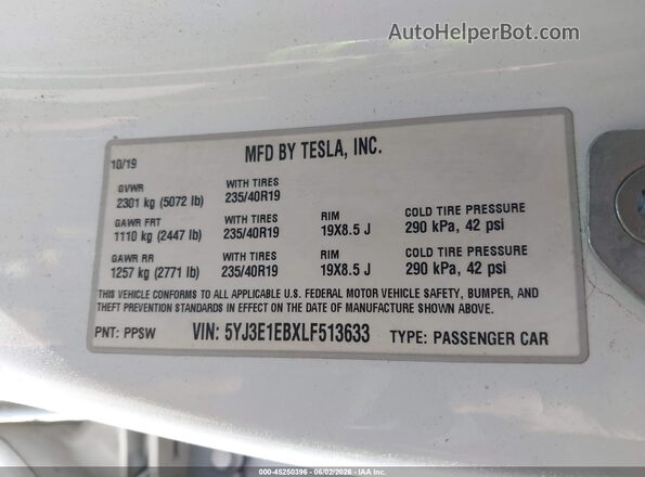 5YJ3E1EBXLF513633 2020 TESLA MODEL 3 White 