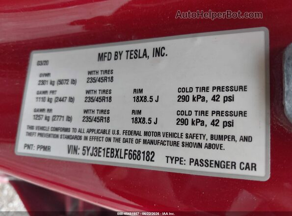 5YJ3E1EBXLF668182 2020 TESLA MODEL 3 White Widok komory silnika
