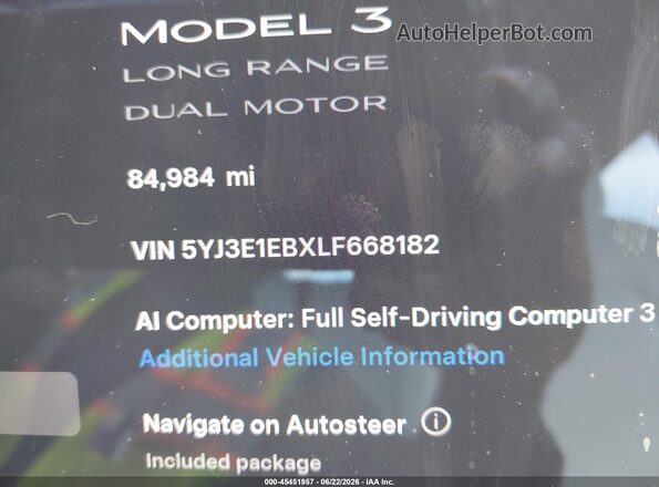 5YJ3E1EBXLF668182 2020 TESLA MODEL 3 White Widok wnętrza 360 stopni