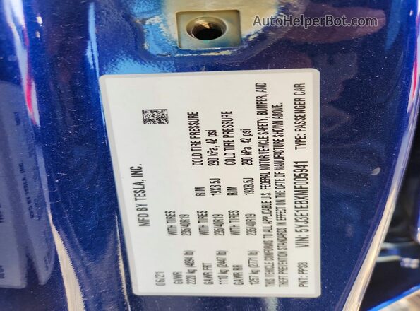 5YJ3E1EBXMF005941 2021 TESLA MODEL Blue Вид наклейки з VIN-кодом