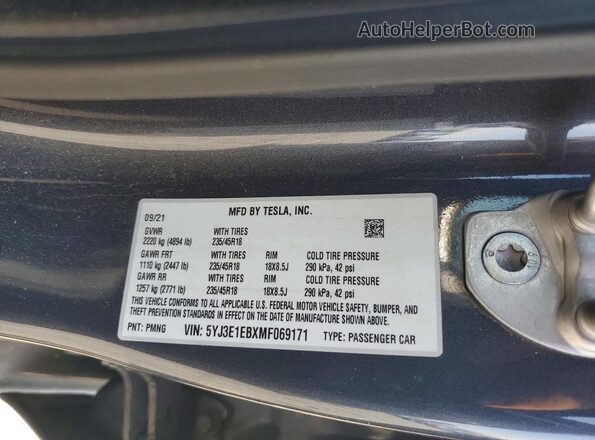 5YJ3E1EBXMF069171 2021 TESLA MODEL Gray 