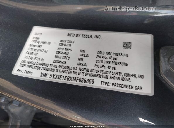 5YJ3E1EBXMF085869 2021 TESLA MODEL 3 Серый 