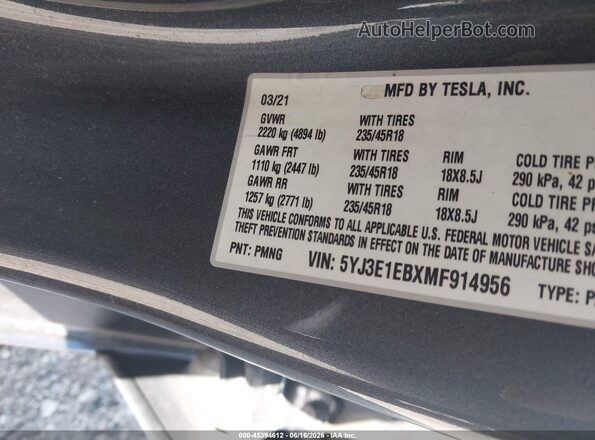 5YJ3E1EBXMF914956 2021 TESLA MODEL 3 Gray Widok komory silnika