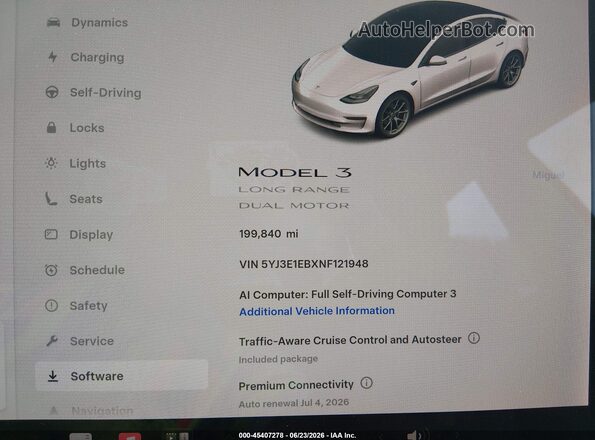 5YJ3E1EBXNF121948 2022 TESLA MODEL 3 White უკანა სავარძლების ხედი