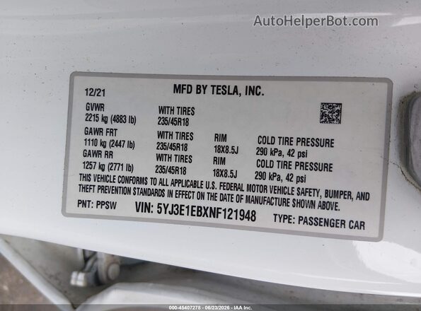 5YJ3E1EBXNF121948 2022 TESLA MODEL 3 White ძრავის განყოფილების ხედი