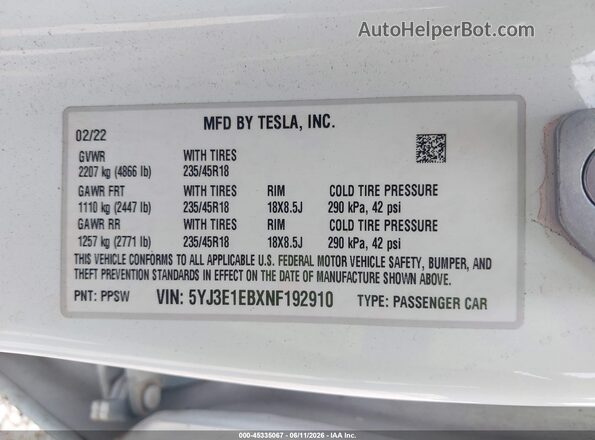 5YJ3E1EBXNF192910 2022 TESLA MODEL 3 White Engine compartment view