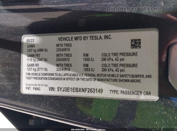 5YJ3E1EBXNF263149 2022 TESLA MODEL 3 Gray Engine compartment view