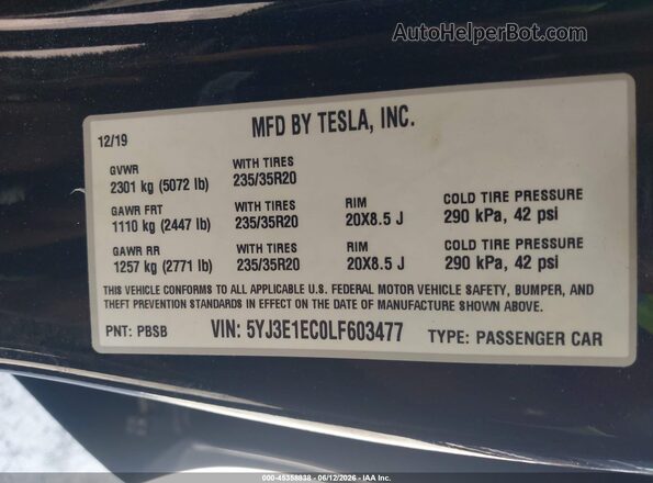 5YJ3E1EC0LF603477 2020 TESLA MODEL 3 Black Widok komory silnika