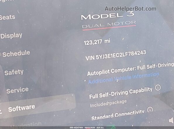 5YJ3E1EC2LF784243 2020 TESLA MODEL 3 White Հետևի նստատեղերի տեսք