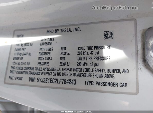 5YJ3E1EC2LF784243 2020 TESLA MODEL 3 White Շարժիչի բաժամունքի տեսք