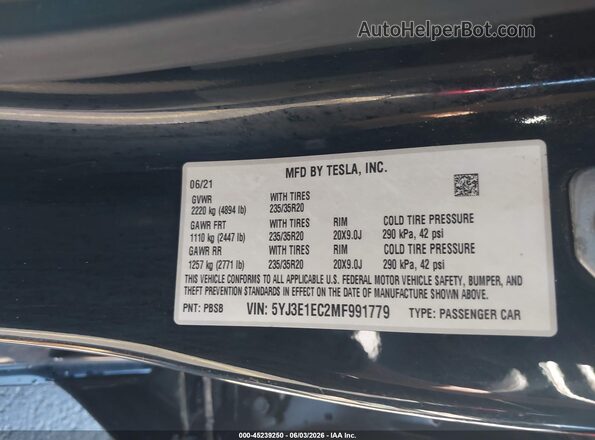 5YJ3E1EC2MF991779 2021 TESLA MODEL 3 Black Vista del compartimento del motor