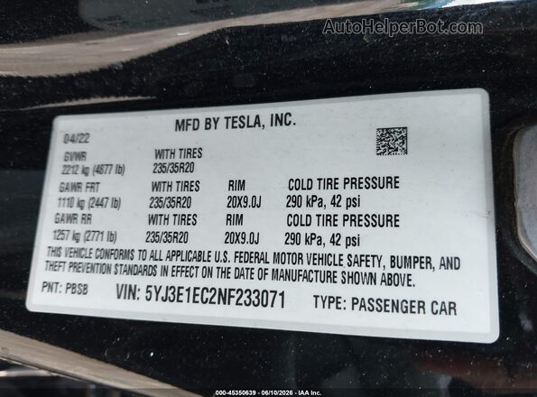 5YJ3E1EC2NF233071 2022 TESLA MODEL 3 Black Engine compartment view