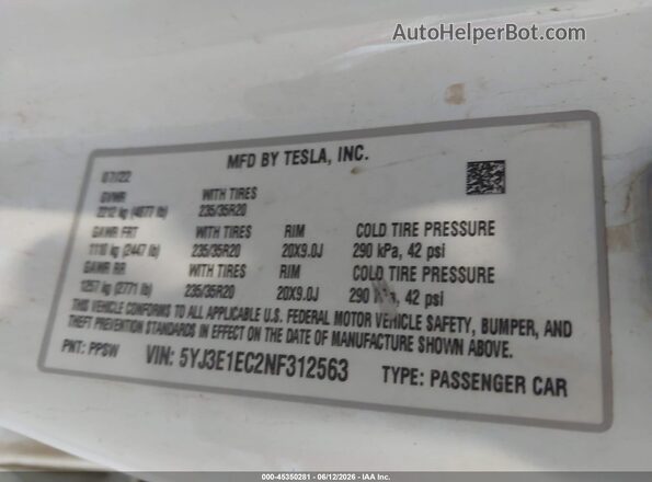 5YJ3E1EC2NF312563 2022 TESLA MODEL 3 White Շարժիչի բաժամունքի տեսք