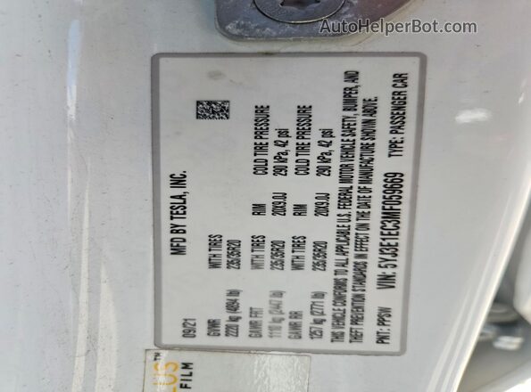 5YJ3E1EC3MF059669 2021 TESLA MODEL White VIN sticker view