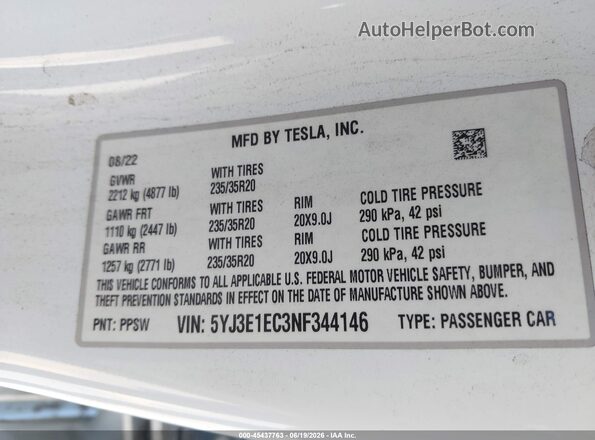 5YJ3E1EC3NF344146 2022 TESLA MODEL 3 White Widok komory silnika