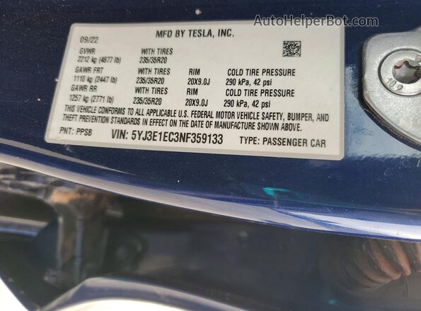 5YJ3E1EC3NF359133 2022 TESLA MODEL Blue VIN կոդի պիտակի տեսք