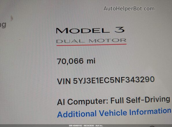 5YJ3E1EC5NF343290 2022 TESLA MODEL 3 Черный 