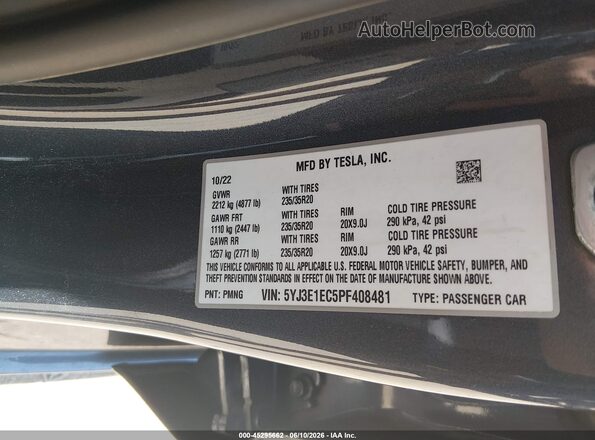 5YJ3E1EC5PF408481 2023 TESLA MODEL 3 Gray ძრავის განყოფილების ხედი