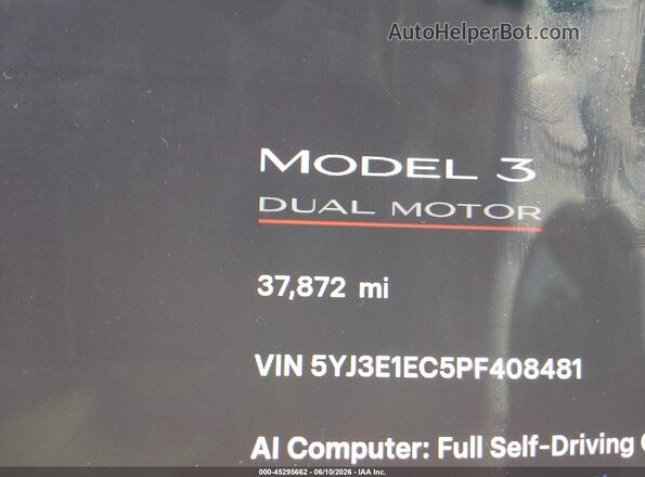 5YJ3E1EC5PF408481 2023 TESLA MODEL 3 Gray სალონის 360-გრადუსიანი ხედი