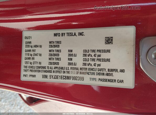 5YJ3E1EC8MF992399 2021 TESLA MODEL 3 Red Вид підкапотного простору