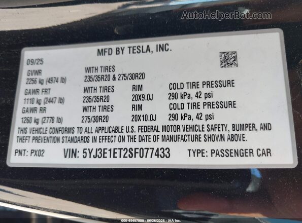 5YJ3E1ET2SF077433 2025 TESLA MODEL 3 Black Vista del compartimento del motor
