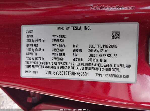 5YJ3E1ET3RF769601 2024 TESLA MODEL 3 Красный Вид подкапотного пространства