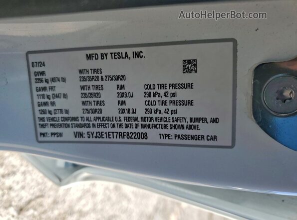 5YJ3E1ET7RF822008 2024 TESLA MODEL White 