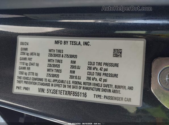 5YJ3E1ETXRF855116 2024 TESLA MODEL 3 Black ძრავის განყოფილების ხედი