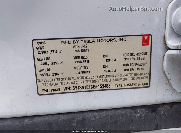 5YJSA1E13GF159488 2016 TESLA MODEL S White Engine compartment view
