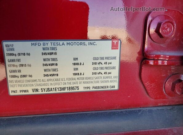 5YJSA1E13HF189575 2017 TESLA MODEL Red 