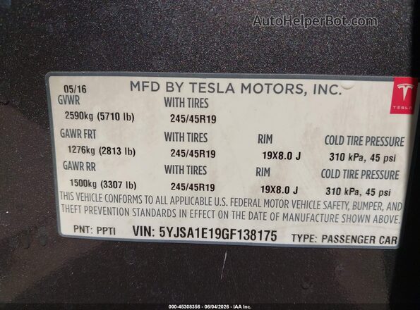 5YJSA1E19GF138175 2016 TESLA MODEL S Gray Widok komory silnika