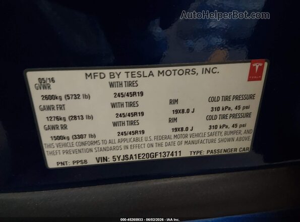 5YJSA1E20GF137411 2016 TESLA MODEL S Синий Вид подкапотного пространства