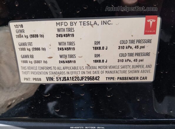 5YJSA1E20JF296842 2018 TESLA MODEL S Black ძრავის განყოფილების ხედი