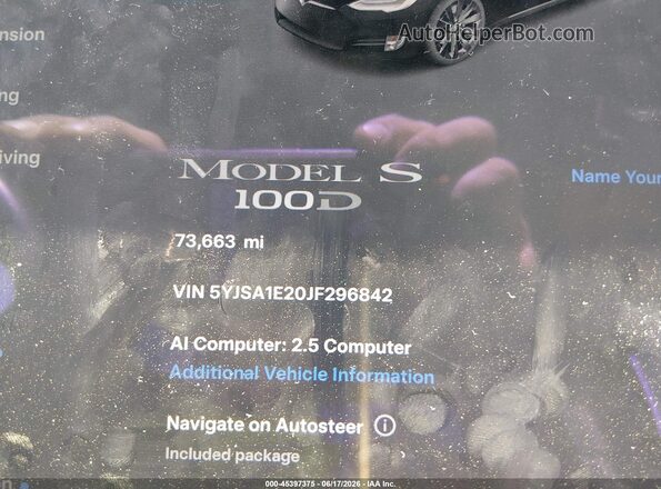 5YJSA1E20JF296842 2018 TESLA MODEL S Black უკანა სავარძლების ხედი