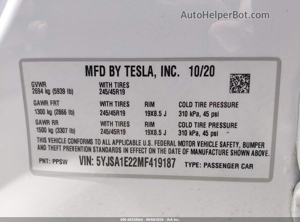 5YJSA1E22MF419187 2021 TESLA MODEL S White Engine compartment view