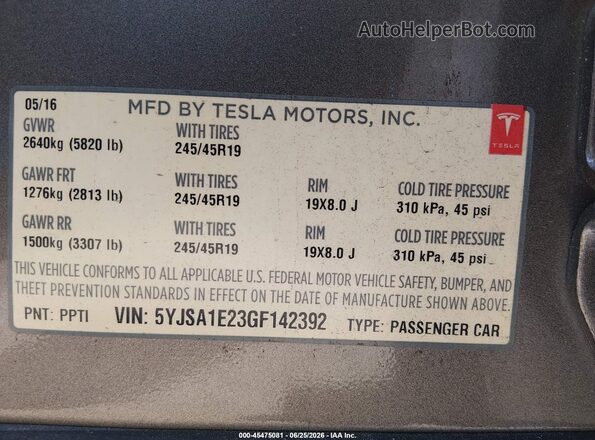 5YJSA1E23GF142392 2016 TESLA MODEL S Brown Widok komory silnika