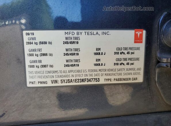 5YJSA1E23KF347753 2019 TESLA MODEL Gray Vista de la etiqueta del VIN